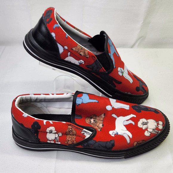 Unbranded Shoes - Women's Poodle Print Pattern Red Black Comfortable Casual Slip-On Shoes Size 10